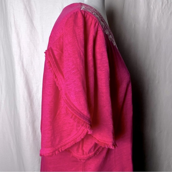Chico’s | Pink Linen Embroidered Fringe Flutter Sleeve Top, Size 2 (Large) - Picture 6 of 8